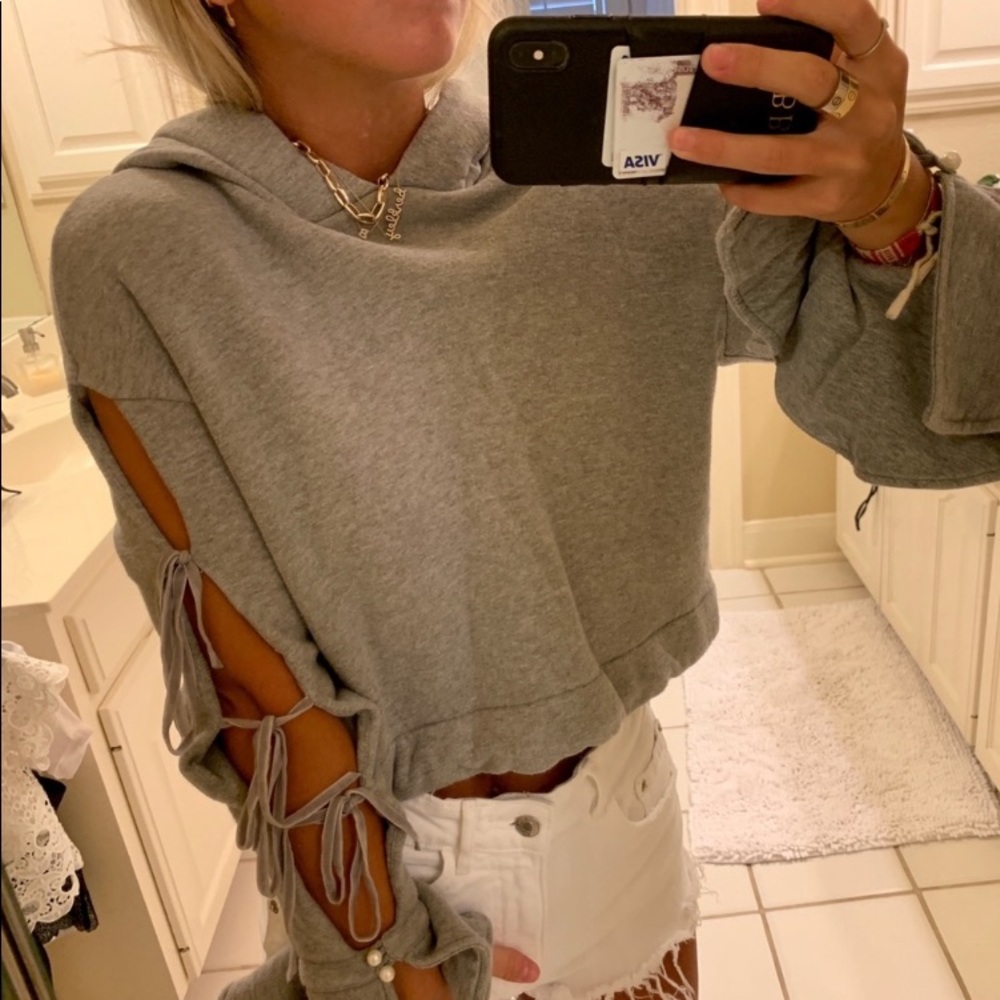JONATHAN SIMKHAI Pearl Tie Bell Sleeve Hoodie
